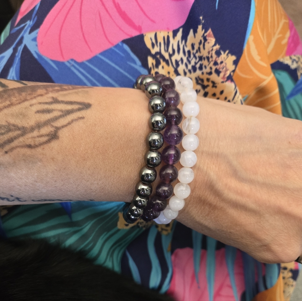 Elegant Purple, Silver, and White Beaded Bracelet Set